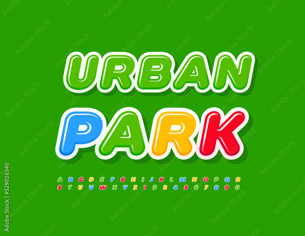 Vector advertising poster Urban Park.  Green Glossy Font. Modern Alphabet Letters and Numbers set