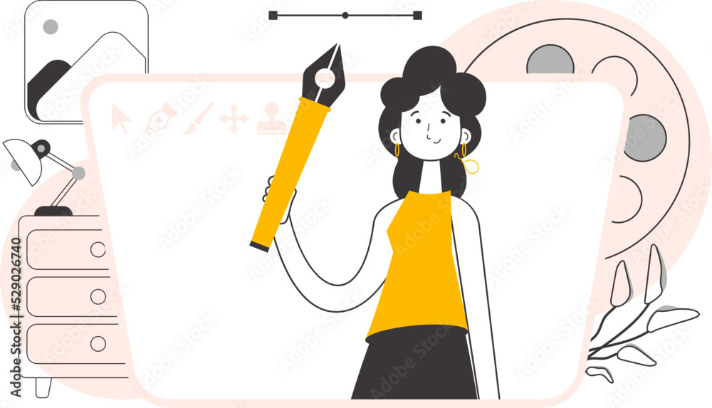 The girl designer holds a pen tool for 2D graphics in her hand. Line art style. Vector illustration.