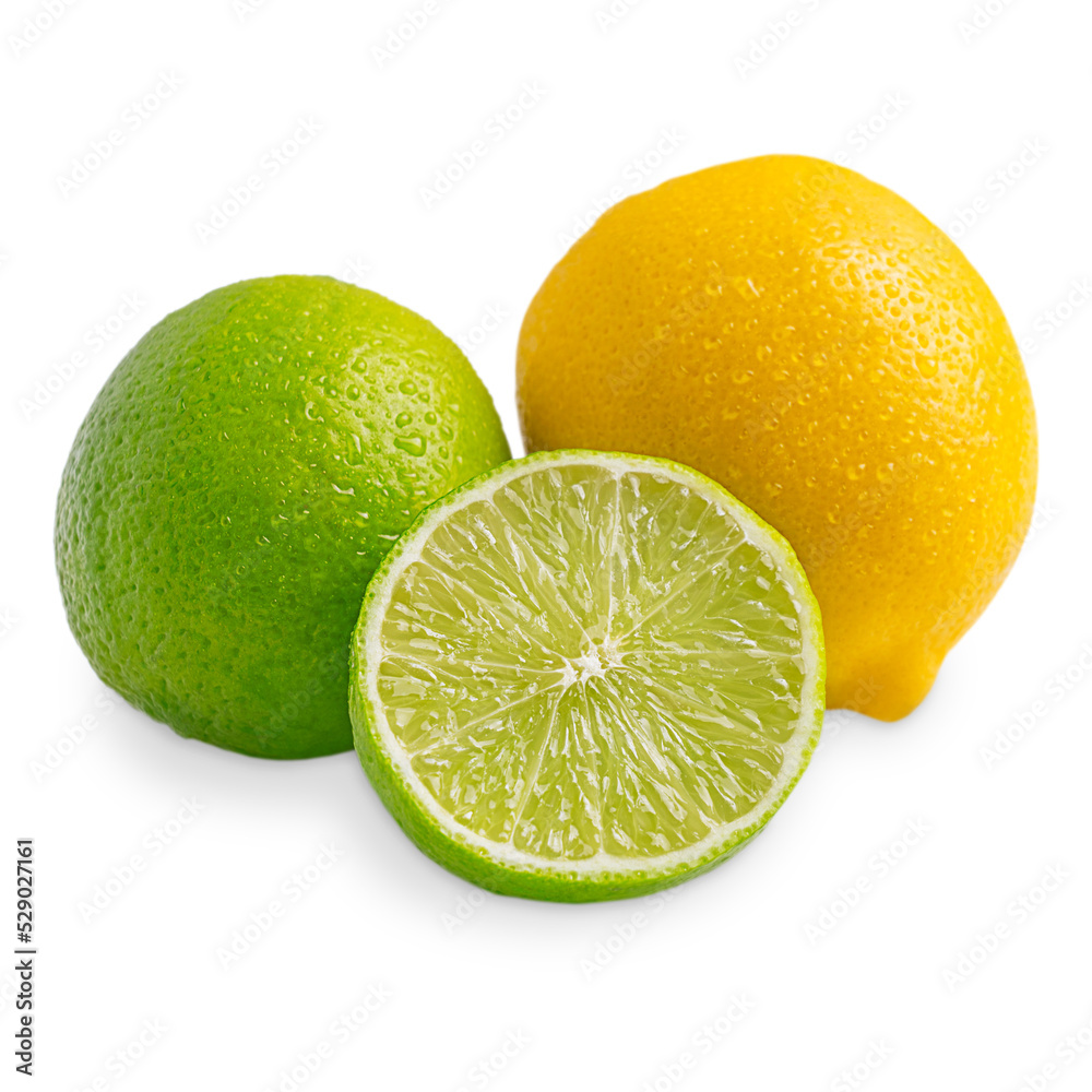 Whole yellow ripe lemon and green sour refreshing lime citrus juicy fruits wet with water drops isolated on white background used as ingredient in culinary or preparation of lemonade or cocktails