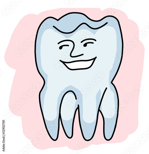 Root tooth cartoon character with problem and solution. Dental care for healthy teeth. Medical professional check up and treatment. Hand drawn illustration. Comic personage with emotions style drawing