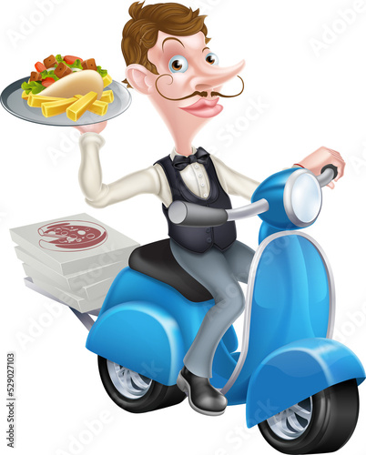 Cartoon Waiter on Scooter M...