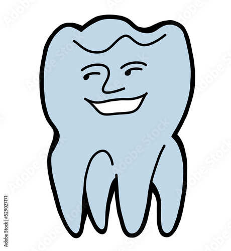 Root tooth cartoon character with problem and solution. Dental care for healthy teeth. Medical professional check up and treatment. Hand drawn illustration. Comic personage with emotions style drawing