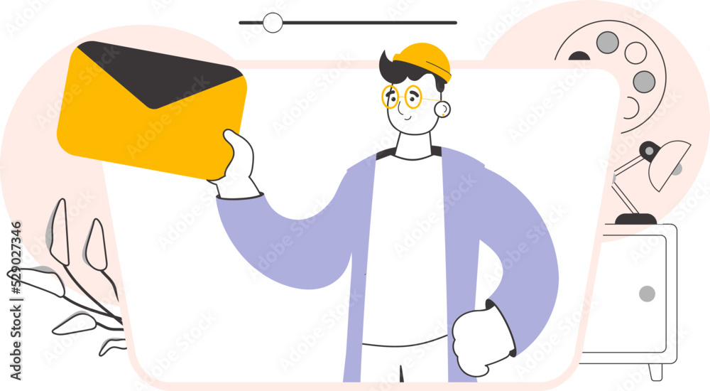 A man holds an envelope or a letter in his hands. Line art style. Vector illustration.