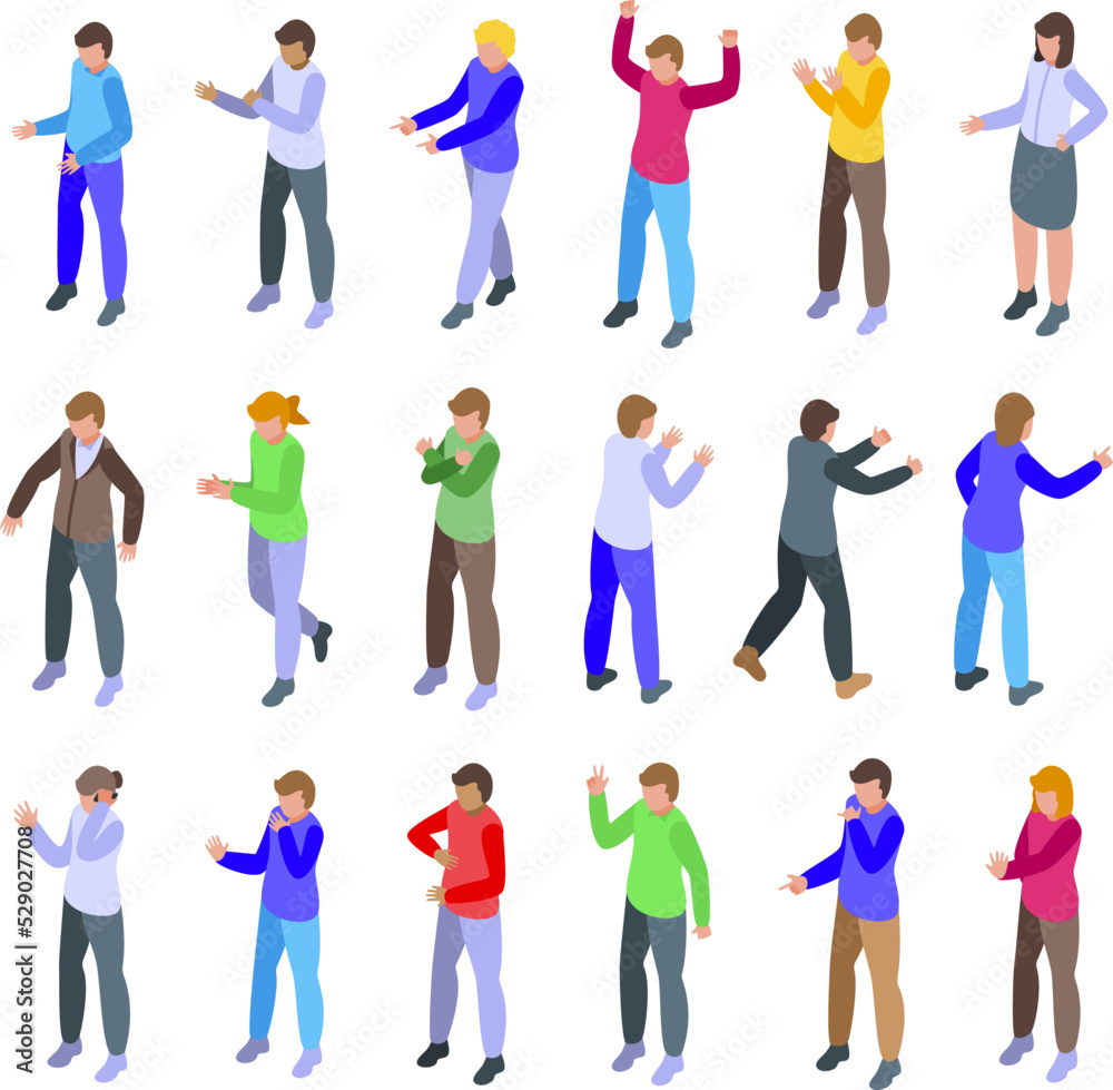 People talking with hand gesture icons set isometric vector. Say people. Hello deaf