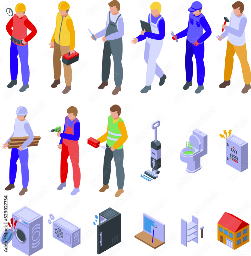 Husband for an hour icons set isometric vector. Man house. Work activity Husband for an hour icons set isometric vector. Man house. Work activity