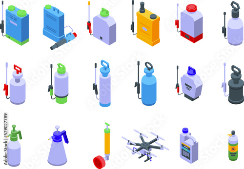 Pesticide sprayer icons set isometric vector. Garden pressure. Farm tank