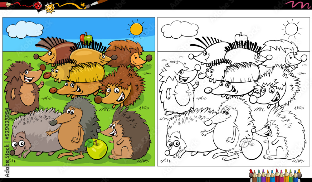 Fototapeta premium cartoon hedgehogs animal characters group coloring page