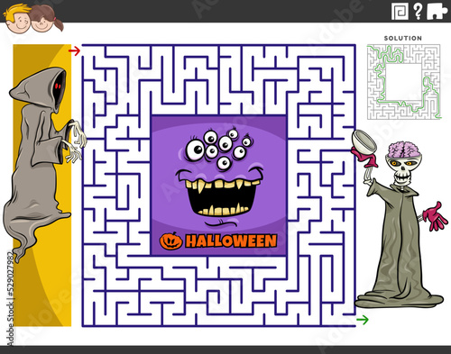 maze with cartoon skeleton and monster on Halloween time