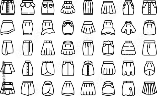 Skirt icons set outline vector. Outfit apparel. Mini short
