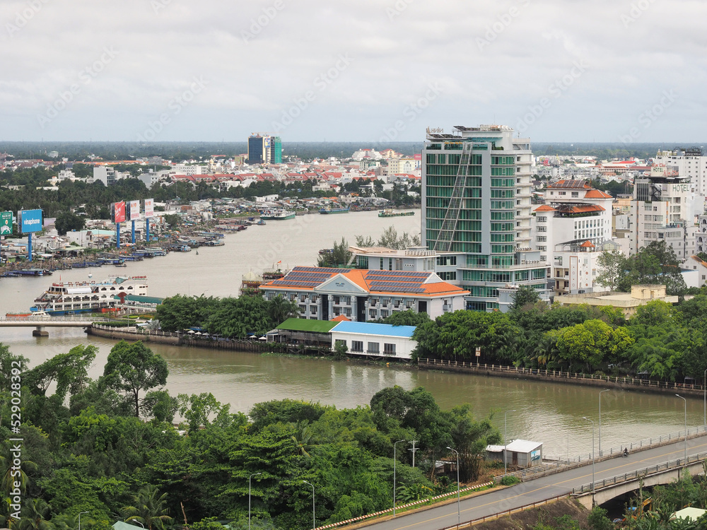 Fototapeta premium A view of the downtown area of Can Tho city, from above.