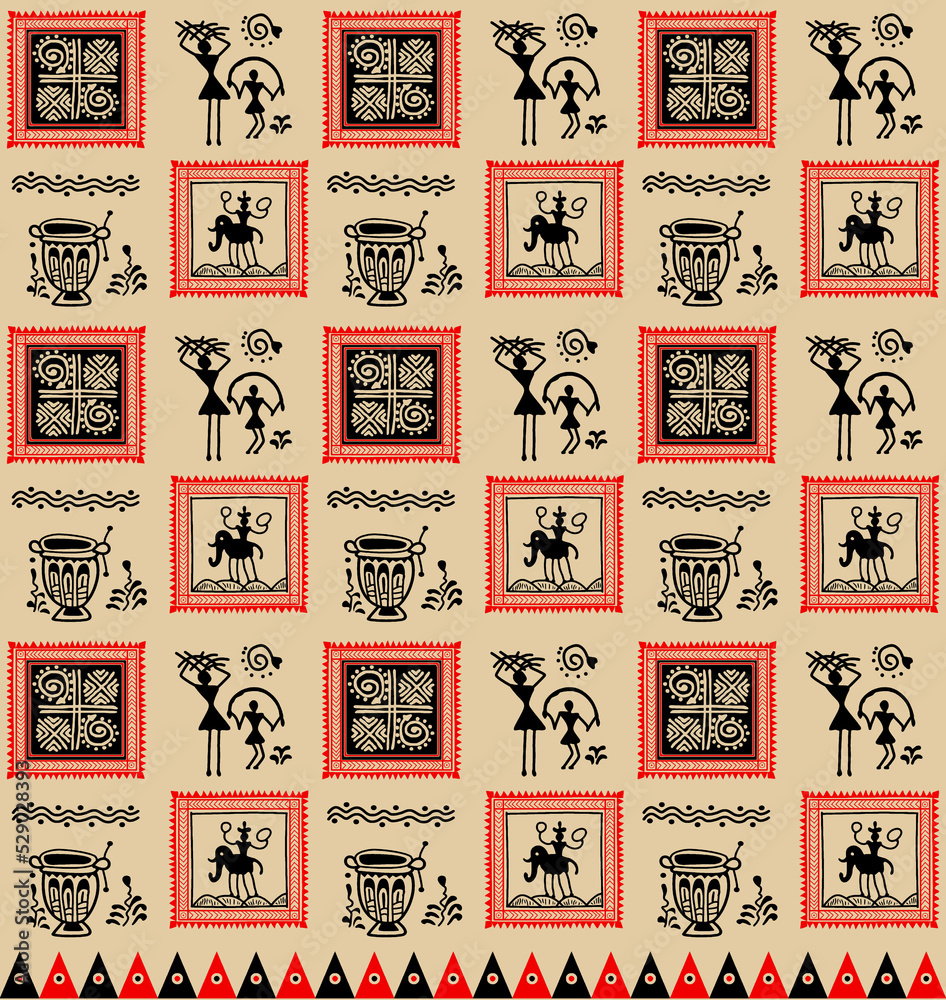 Black And Red Warli Paint Background Fabric Design 