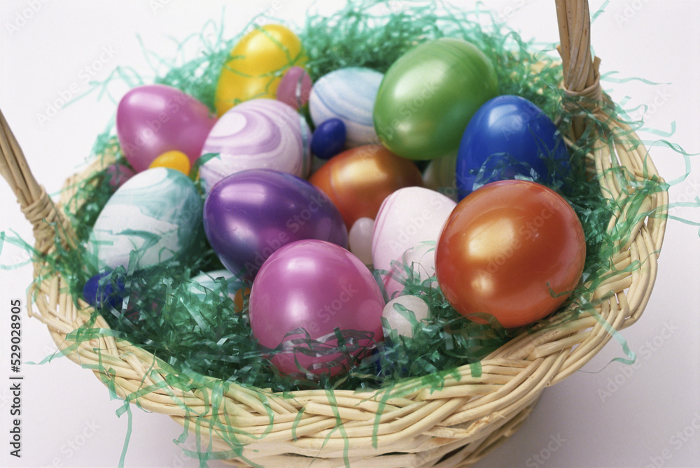 Close-up of Easter eggs in a basket Close-up of Easter eggs in a basket