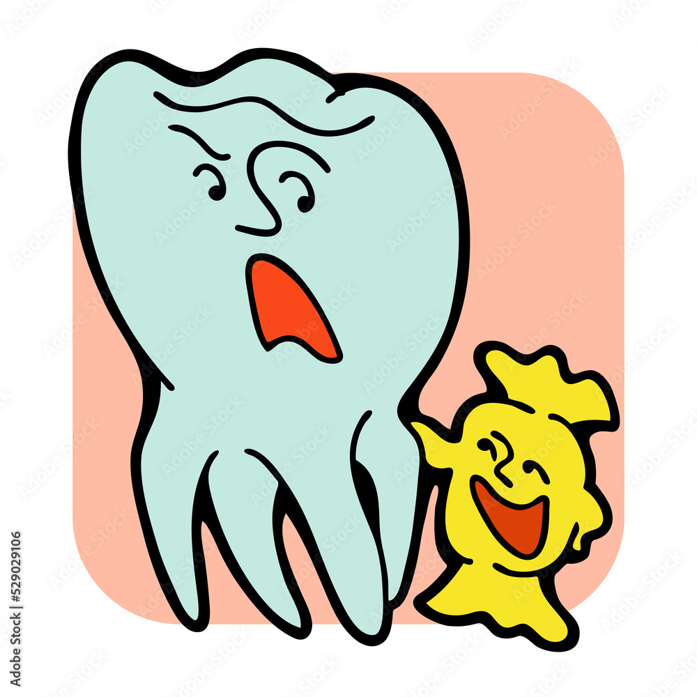 Root tooth cartoon character with problem and solution. Dental care for healthy teeth. Medical professional check up and treatment. Hand drawn illustration. Comic personage with emotions style drawing Root tooth cartoon character with problem and solution. Dental care for healthy teeth. Medical professional check up and treatment. Hand drawn illustration. Comic personage with emotions style drawing
