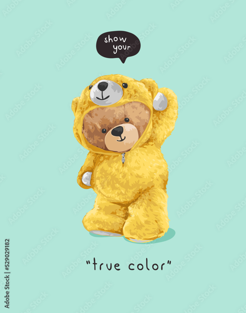true color slogan with bear doll in yellow bear costume vector illustration - obrazy, fototapety, plakaty 