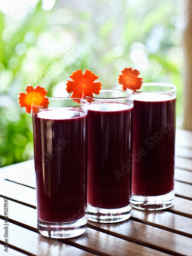 Trio of detox juices.  Koh Samui, Thailand. Detox drinks made of blended beet, cucumber, carrot and ginger juice.