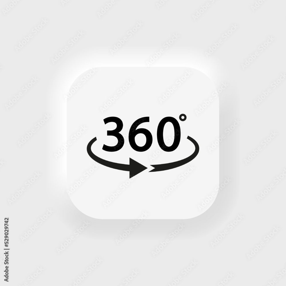 360 degree camera icon. Logo for corner tour. 3d neumorphism button for drone. Virtual arrow for video and photo application. Rotate panoramic view. Vector 360 degree camera icon. Logo for corner tour. 3d neumorphism button for drone. Virtual arrow for video and photo application. Rotate panoramic view. Vector