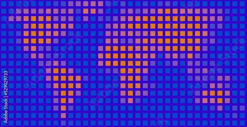 Pixelated World Map. Orange on blue. 