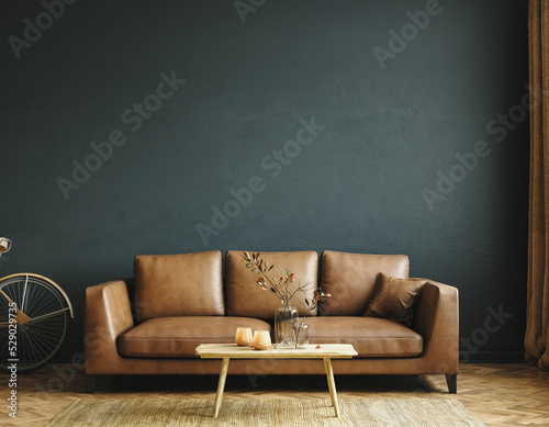 Home interior mock-up with brown leather sofa, table and decor in living room, 3d render