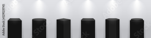 Podium mockup. Geometric stage for presentation. Black pedestal with spotlight for ceremony. 3d empty stand for object, show and exposition. Design of fashion shapes. Vector