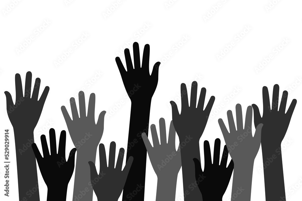 Hand of people raise. Silhouettes of volunteer hands. Team concept on white background. Abstract arms raising of human community for happy, celebration and helpful. Illustration of vote. Vector Hand of people raise. Silhouettes of volunteer hands. Team concept on white background. Abstract arms raising of human community for happy, celebration and helpful. Illustration of vote. Vector