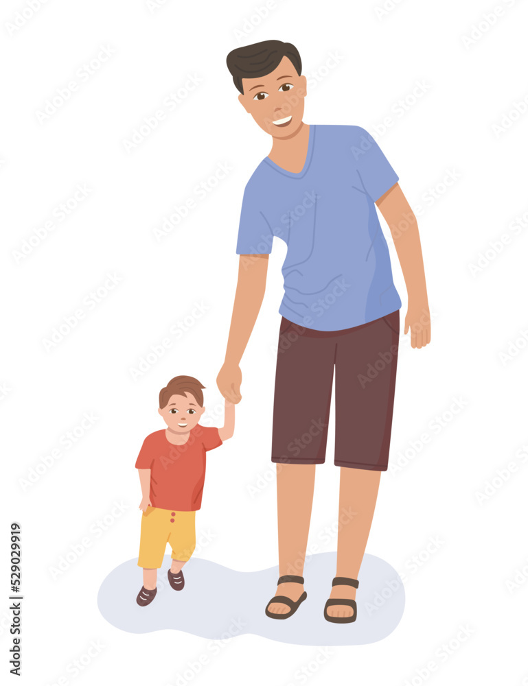 Father with son walk. Man with child. Love and happy family with dad and kid. Fun character of parent and boy. Cartoon father with baby. Concept of parenthood and childhood. Vector