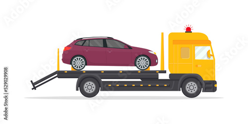Tow and assistance service of auto. Truck for tow and recovery for vehicle on road. Insurance for repair of automobile. Breakdown of transport and emergency evacuator for transportation. Vector