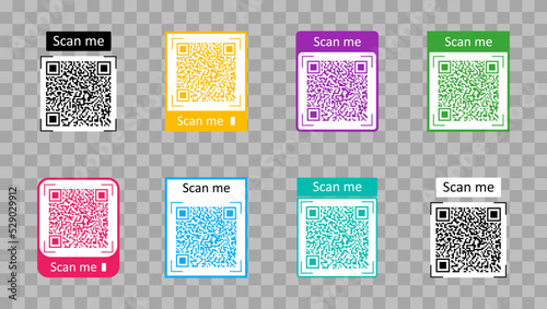 QR code for scan. Icon for phone scanner. Tag with frame for scan with smartphone. Sticker for information, payment and identity. Set of mockup qrcodes. Labels for pay in shop. Vector