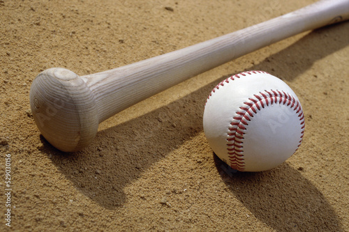 Close-up of a baseball bat and a baseball
