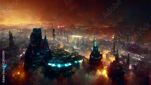 Illustration of aerial cityscape of a futuristic city in cyberpunk style