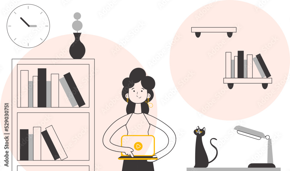 Fototapeta premium Girl Holds a laptop and presses play. Vector illustration. Linear trendy style.
