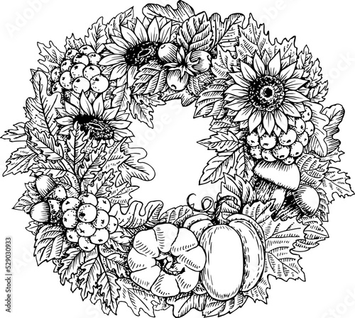 Vector illustration, round wreath of autumn leaves, sunflowers, pumpkins, rowan berries. 