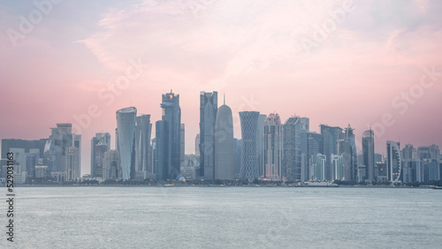 The skyline of Doha city center after sunset