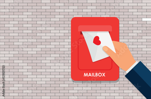 Human hand is taking out an envelope from a postbox. Flat vector illustration of mailbox and a hand holding sealed letter. Receiving a correspondence, postal, mail concept isolated on white background