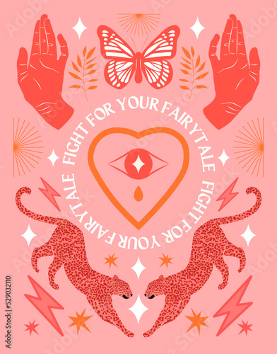 Boho mystical vector posters with inspirational quotes. Hands, leopards, butterfly and floral elements in trendy bohemian gypsy style. Vintage colors.