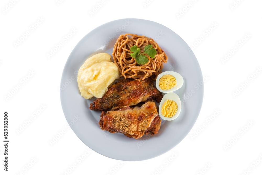 Lunch food plate. Pasta with roasted chicken, mashed and eggs. png transparent background Lunch food plate. Pasta with roasted chicken, mashed and eggs. png transparent background