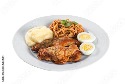 Lunch food plate. Pasta with roasted chicken, mashed and eggs. png transparent background