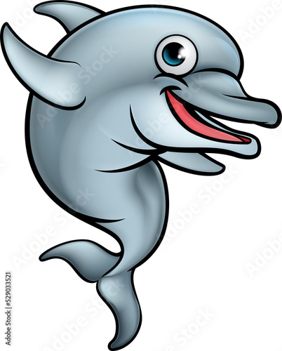 A dolphin cartoon character jumping out of the water