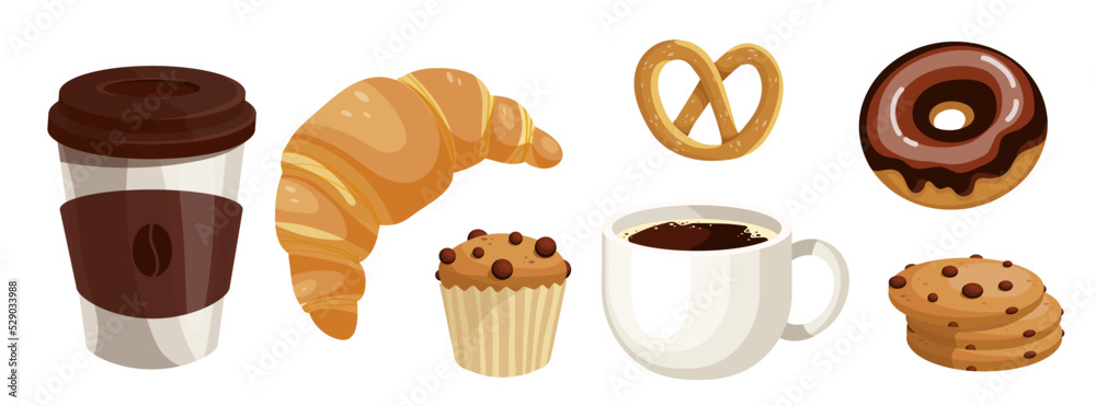 A set of appetizing pastry pastries and fragrant coffee.Cartoon vector graphics. A set of appetizing pastry pastries and fragrant coffee.Cartoon vector graphics.