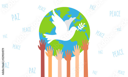 Ilustración de el mundo con unas manos y una paloma que simboliza la paz mundial