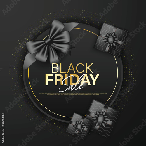 Black friday sale poster template design with decorative gift box on dark background.