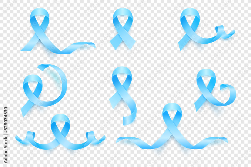 Vector 3d Realistic Blue Ribbon Set. Prostate Cancer Awareness Symbol