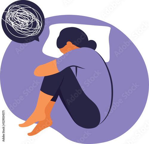 Woman suffers from insomnia stress. She lies in bed and thinks. Concept illustration of depression, insomnia, frustration, loneliness, problems. 