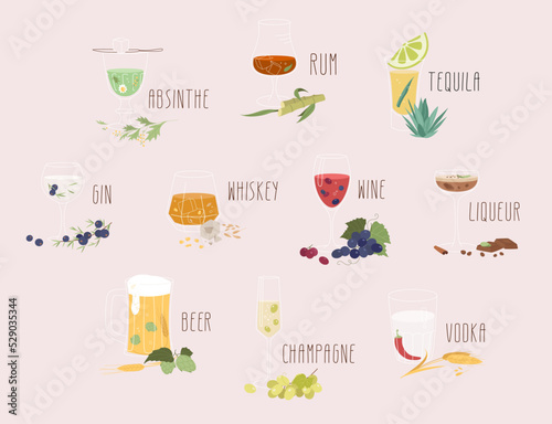 Icons set of various alcohol types in different glasses with components. Glassware collection in flat outline style vector illustration.