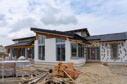 modern House under construction with polystyrene insulation almost ready