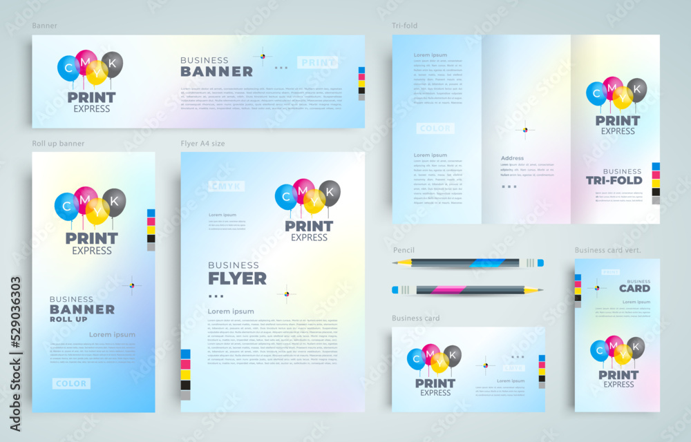 Print service identity cmyk air balloon design vector. Set flyer cover, trifold, banner, roll up banner, business card