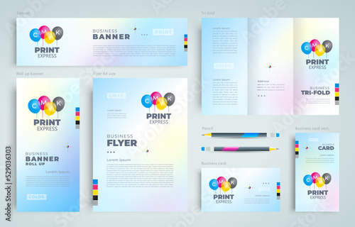 Print service identity cmyk air balloon design vector. Set flyer cover, trifold, banner, roll up banner, business card
