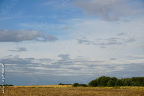 Rural landscape scene. Horizon and space. Beautiful clouds over a compressed field