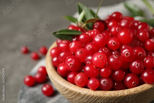 Bowl with tasty ripe cranberries on table, closeup
