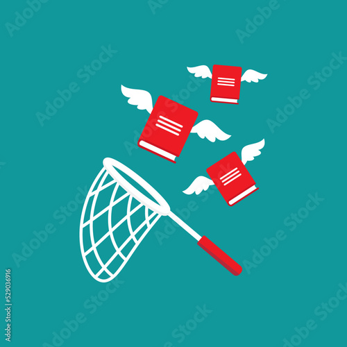 Butterfly net with flying books. Catch, hunt, chase ideas and solutions symbol. Education and knowledge search concept. creative, innovation, training. Vector illustration isolated on blue background