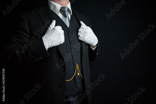 Portrait of Butler in Dark Suit and White Gloves Standing Proudly. Concept of Service Industry and Professional Hospitality.